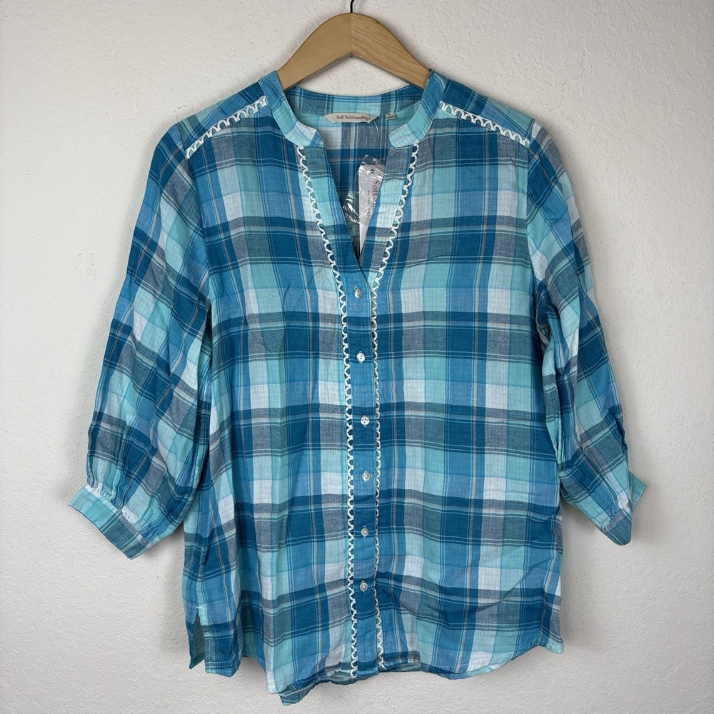 Soft Surroundings L Blouse Shirt Plaid Blue Cottage Coastal Cowgirl Button NWT
